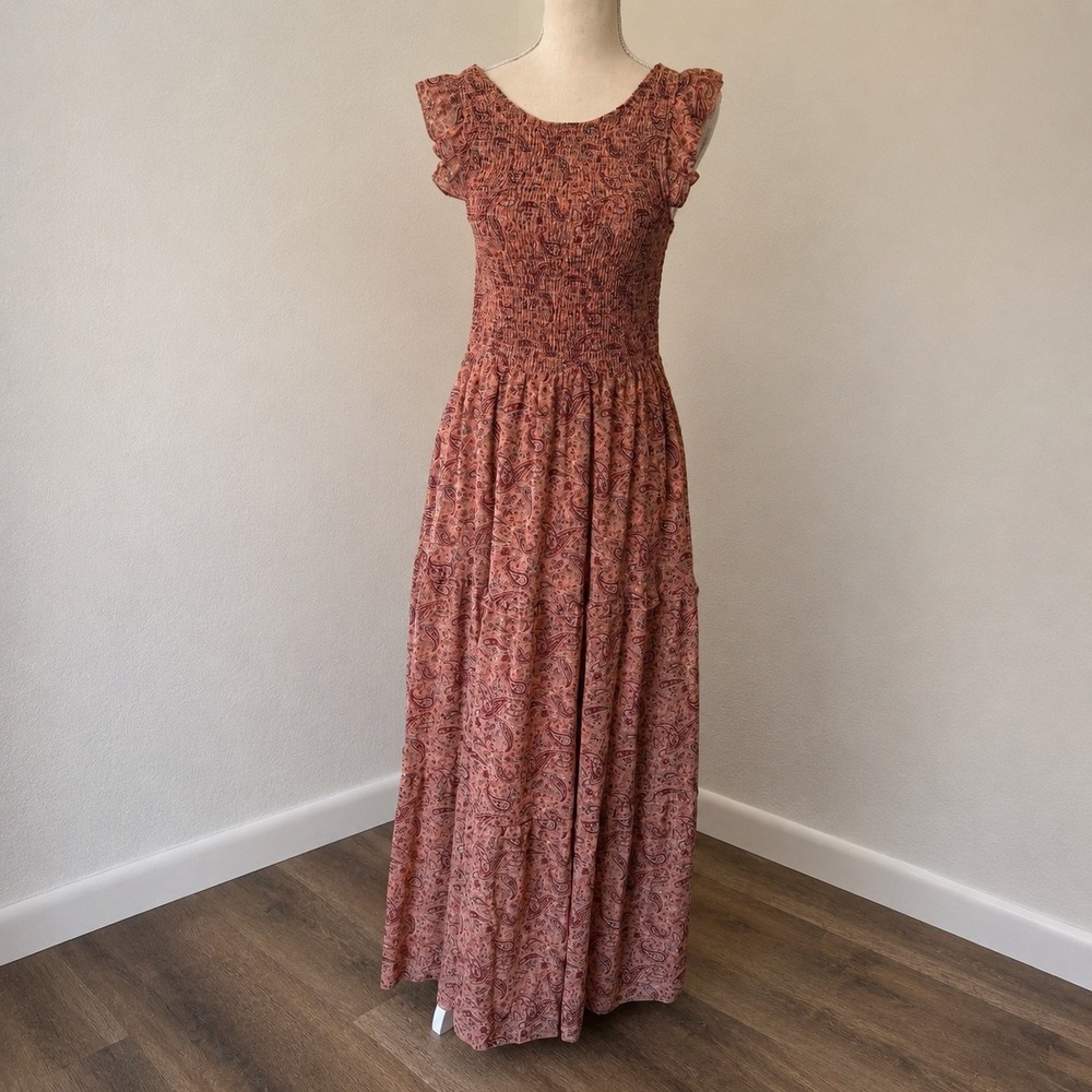 Melloday Maxi Dress Womens Medium Pink Paisley Smocked Tiered Boho CKD190381-TMD